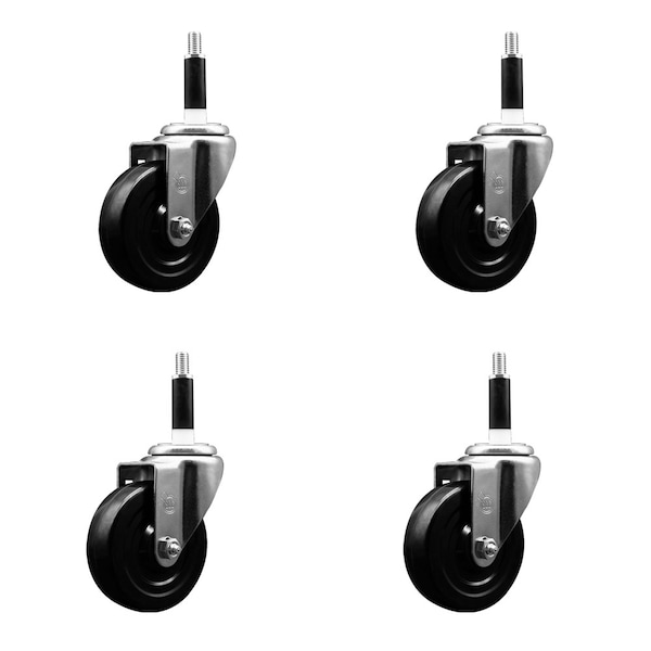 4'' SS Soft Rubber Wheel Swivel 7/8'' Expanding Stem Caster Set, 4PK